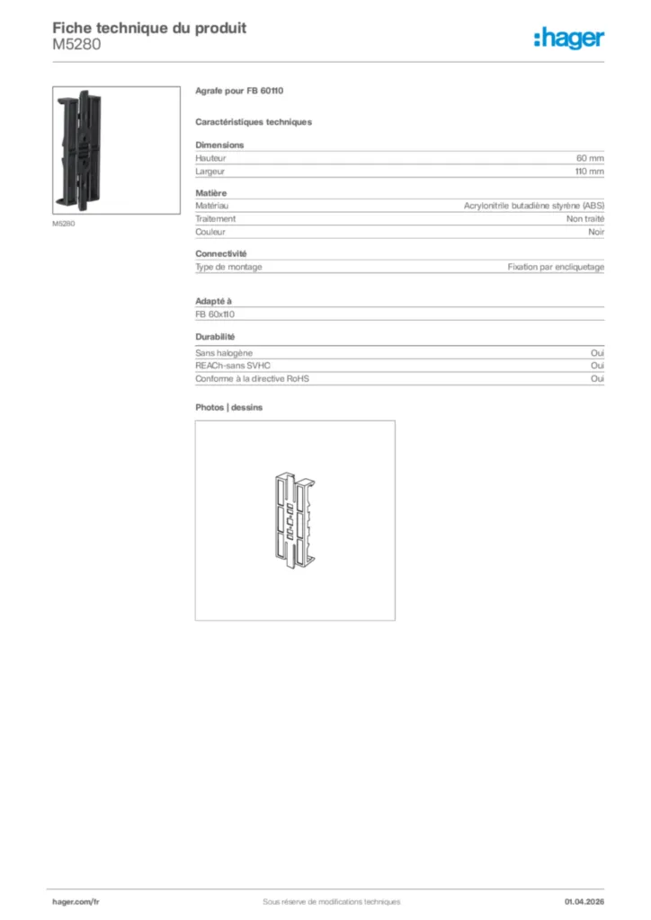Image Hager Fiche technique du produit M5280 | Hager France