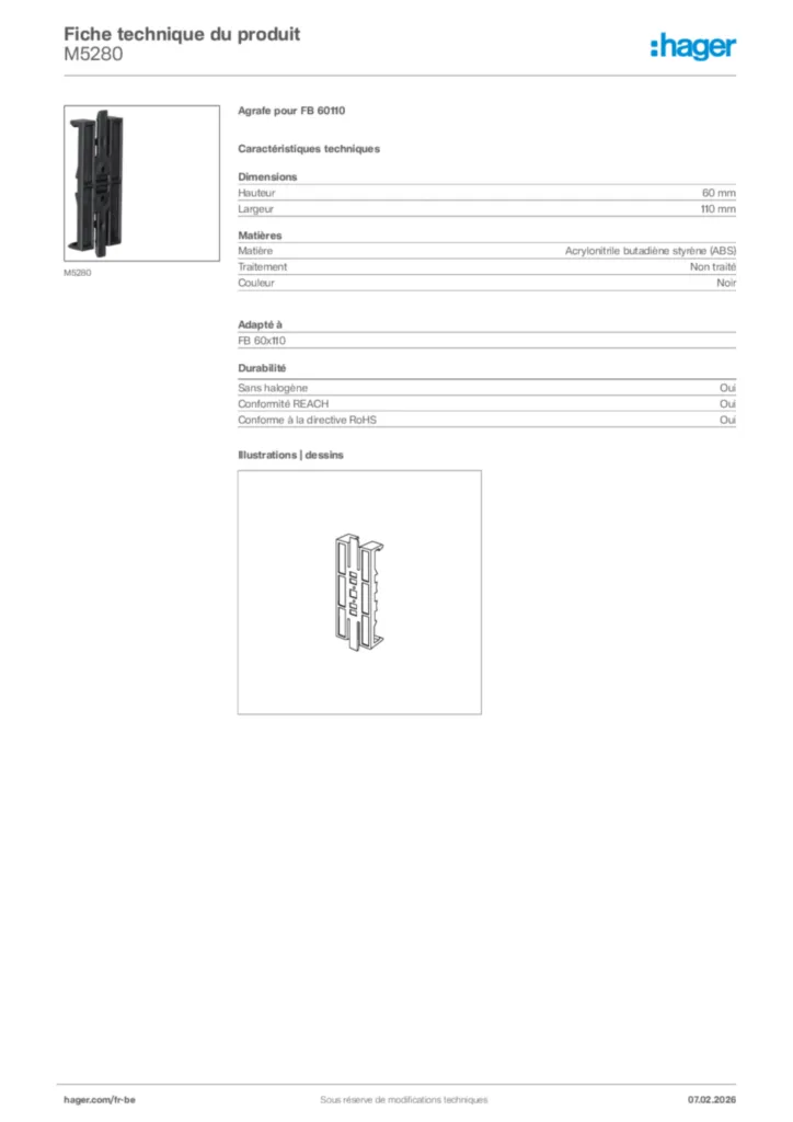 Image Hager Fiche technique du produit M5280 | Hager Belgique