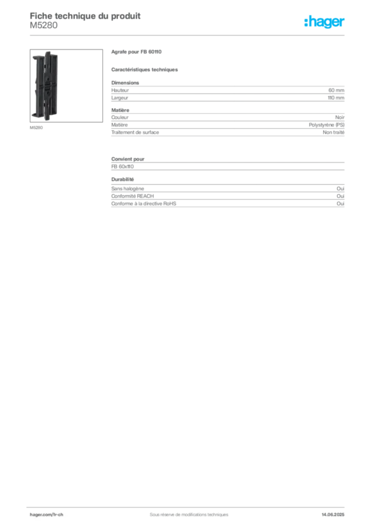 Image Hager Fiche technique du produit M5280 | Hager Suisse