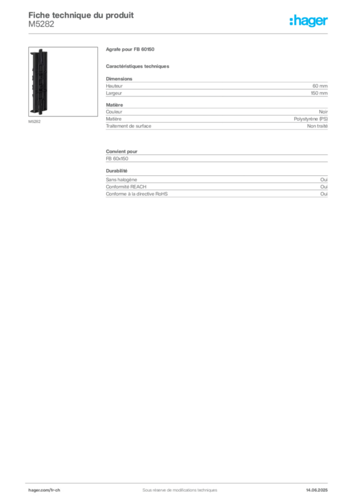 Image Hager Fiche technique du produit M5282 | Hager Suisse