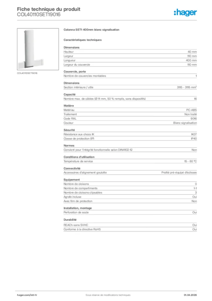 Image Hager Fiche technique du produit COL40110SET19016 | Hager Afrique