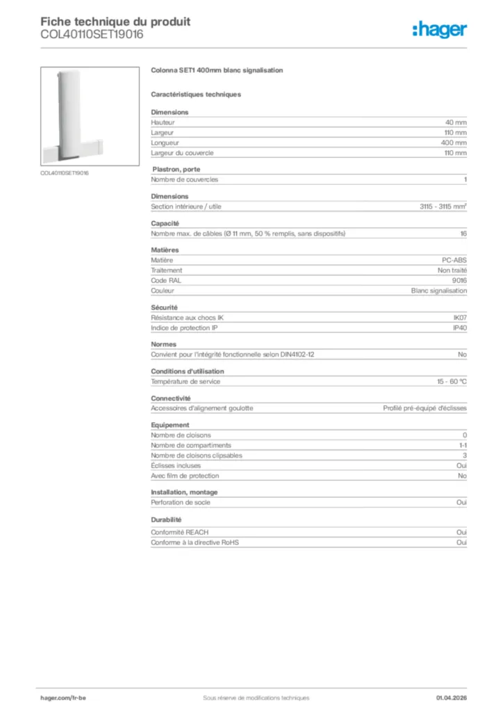Image Hager Fiche technique du produit COL40110SET19016 | Hager Belgique