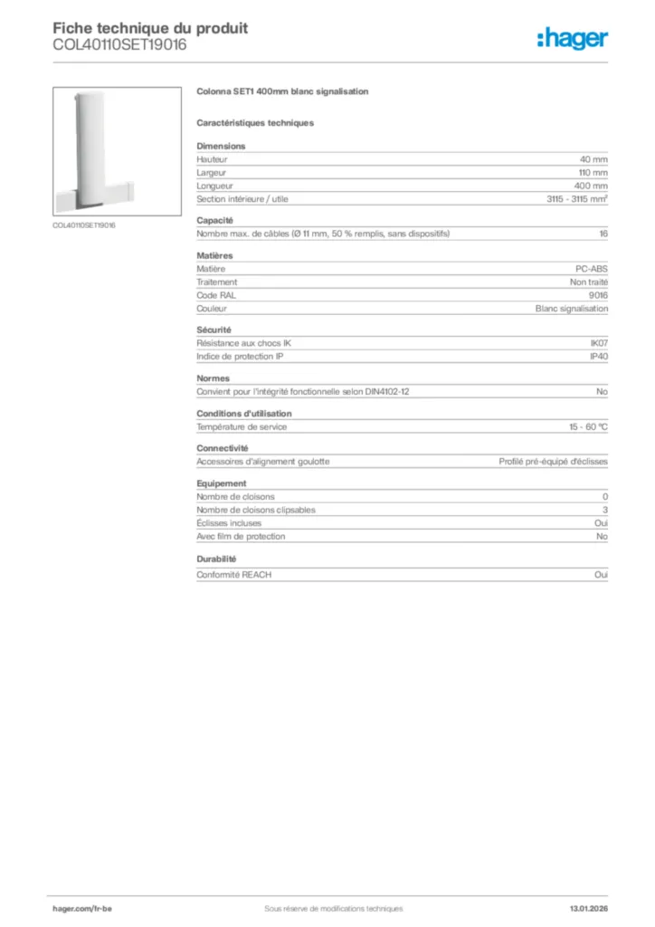 Image Hager Fiche technique du produit COL40110SET19016 | Hager Belgique
