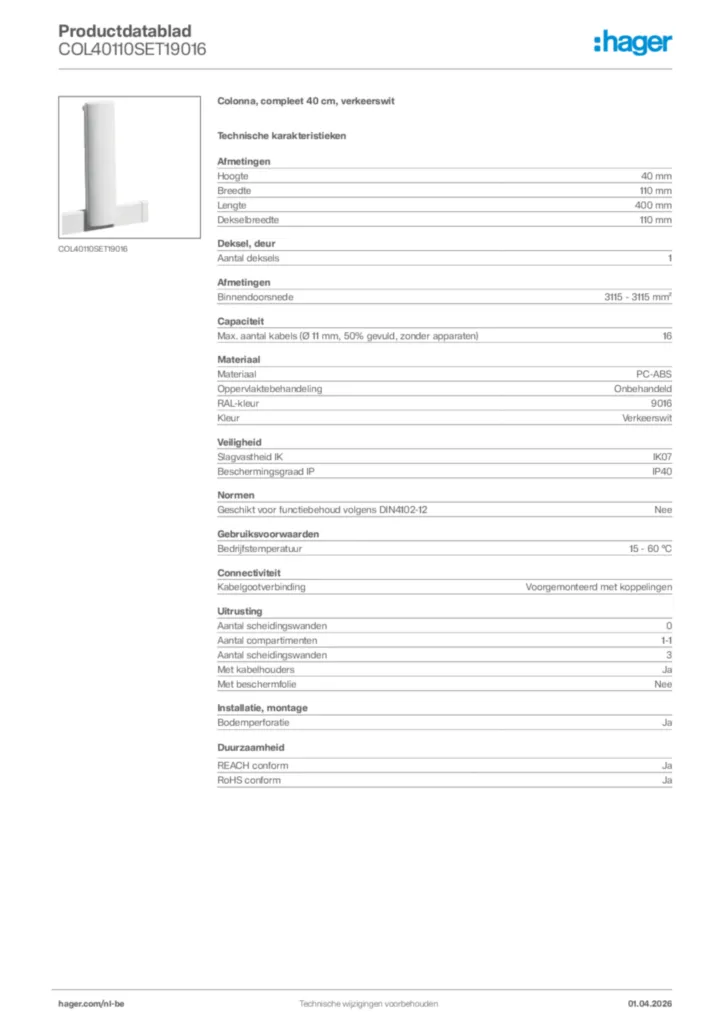 Afbeelding Hager Productdatablad COL40110SET19016 | Hager Belgium