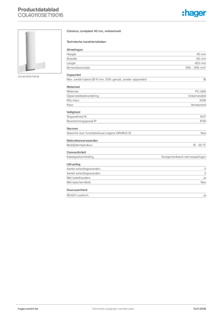 Afbeelding Hager Productdatablad COL40110SET19016 | Hager Belgium