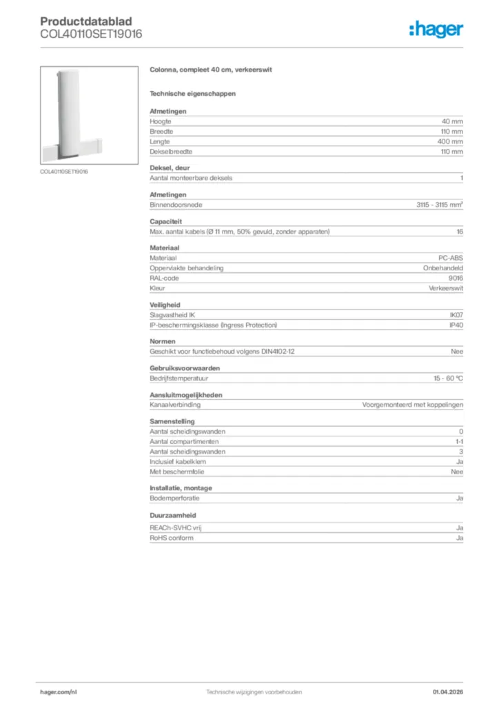 Afbeelding Hager Productdatablad COL40110SET19016 | Hager Nederland