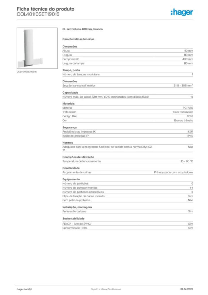 Imagem Hager Ficha técnica do produto COL40110SET19016 | Hager Portugal