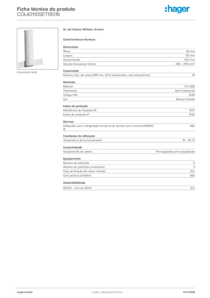 Imagem Hager Ficha técnica do produto COL40110SET19016 | Hager Portugal