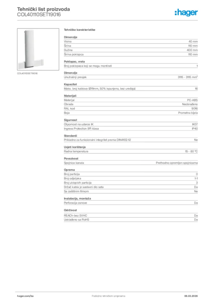 Slika Hager Tehnički list proizvoda COL40110SET19016  | Hager