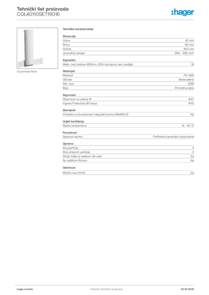 Slika Hager Tehnički list proizvoda COL40110SET19016  | Hager