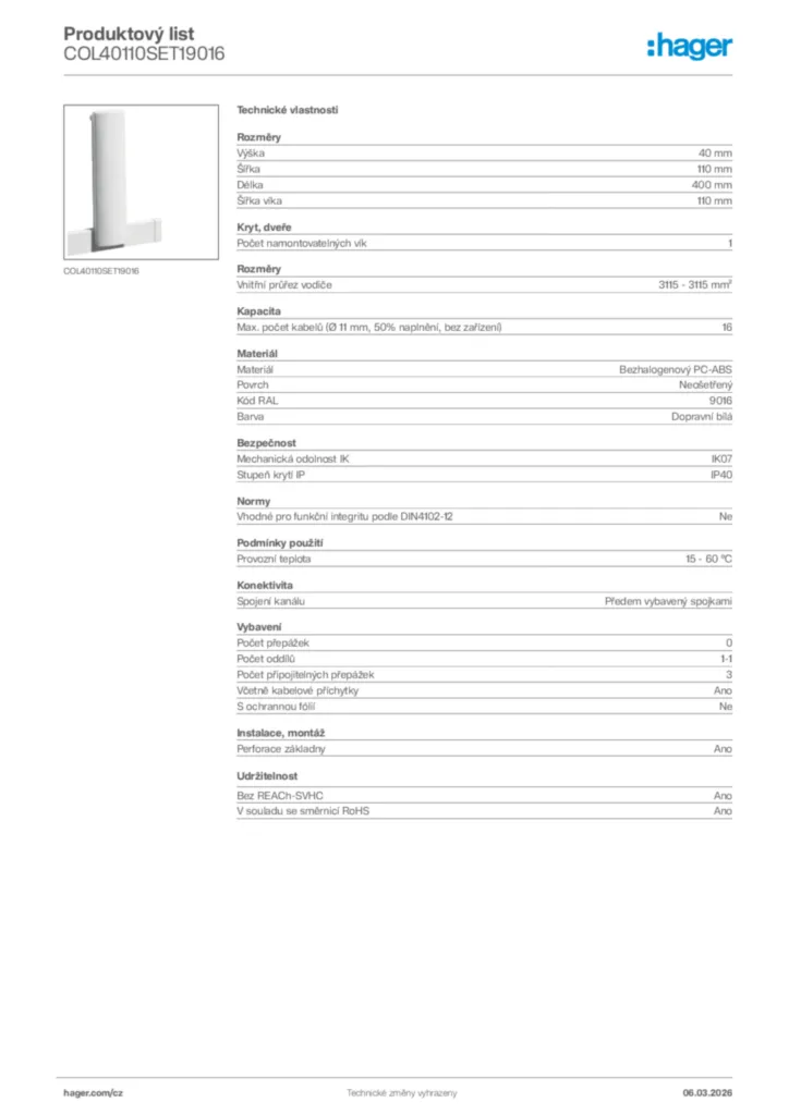 Obrázek Hager Product data sheet COL40110SET19016 | Hager