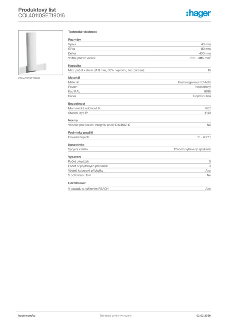 Obrázek Hager Product data sheet COL40110SET19016 | Hager