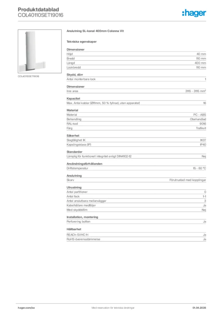 Bild Hager Produktdatablad COL40110SET19016 | Hager Sverige
