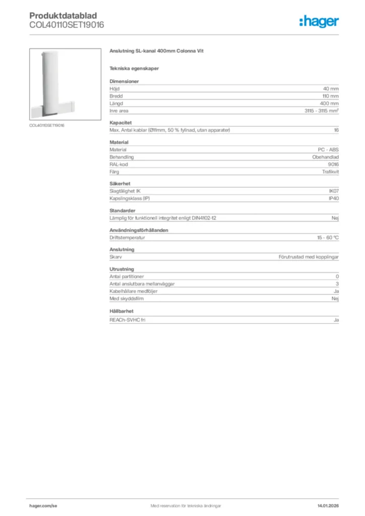 Bild Hager Produktdatablad COL40110SET19016 | Hager Sverige