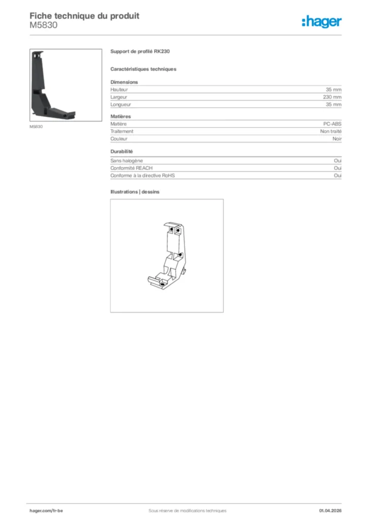 Image Hager Fiche technique du produit M5830 | Hager Belgique