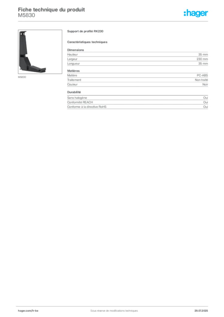 Image Hager Fiche technique du produit M5830 | Hager Belgique
