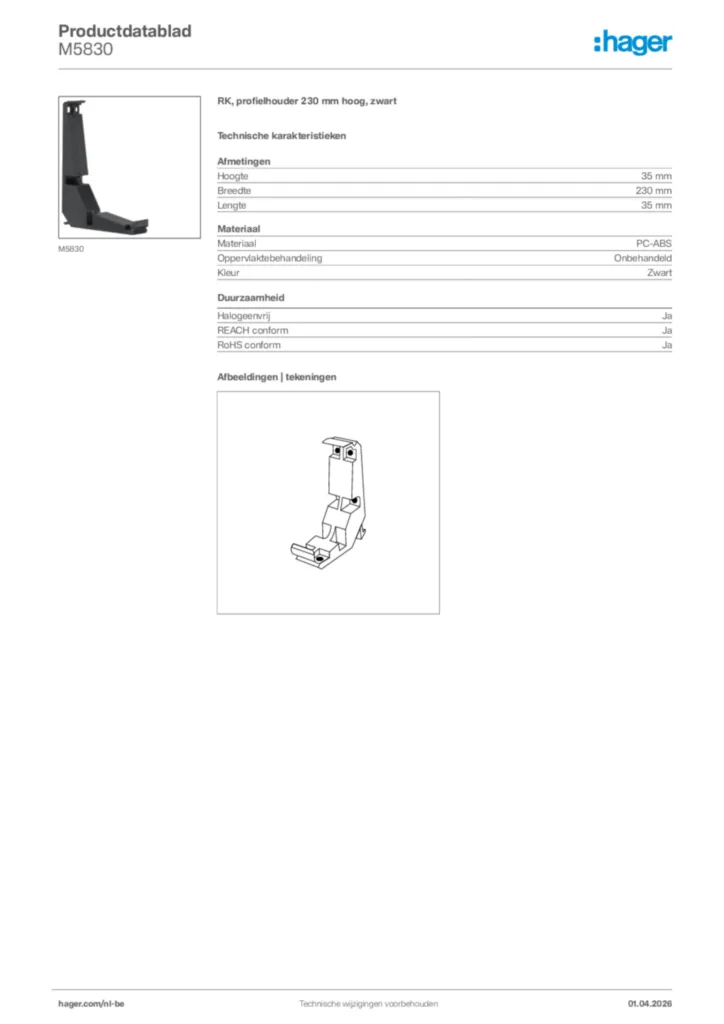 Afbeelding Hager Productdatablad M5830 | Hager Belgium