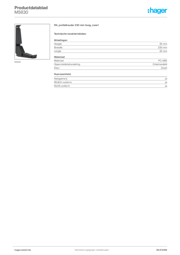 Afbeelding Hager Productdatablad M5830 | Hager Belgium