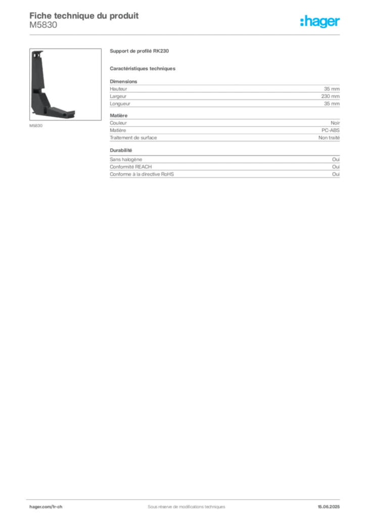Image Hager Fiche technique du produit M5830 | Hager Suisse