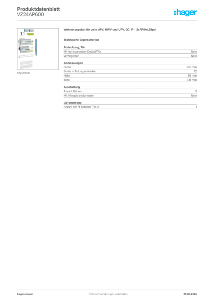 Bild Hager Produktdatenblatt VZ24AP600 | Hager Deutschland