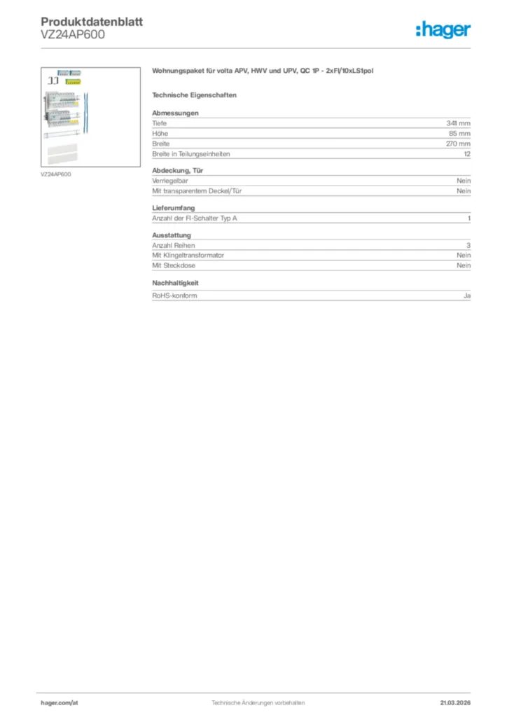 Bild Hager Produktdatenblatt VZ24AP600 | Hager Deutschland