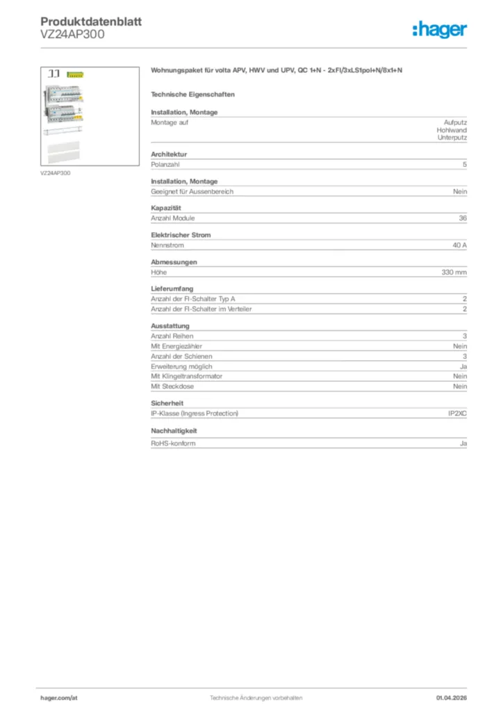 Bild Hager Produktdatenblatt VZ24AP300 | Hager Deutschland