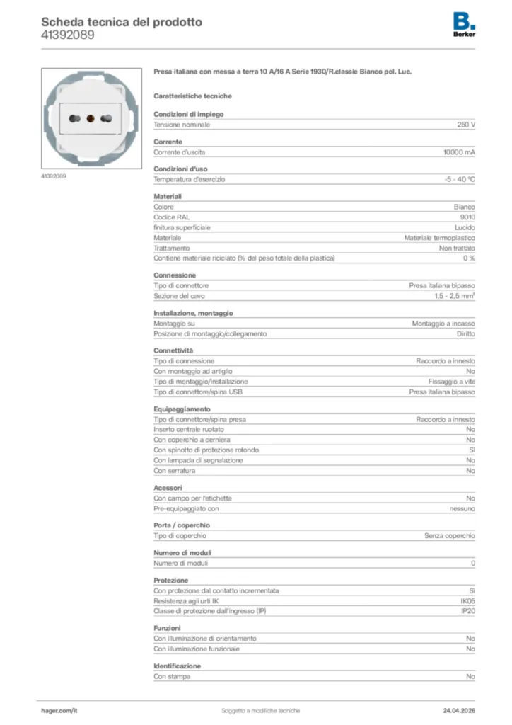 Immagine Berker Scheda tecnica del prodotto 41392089 | Hager Italia