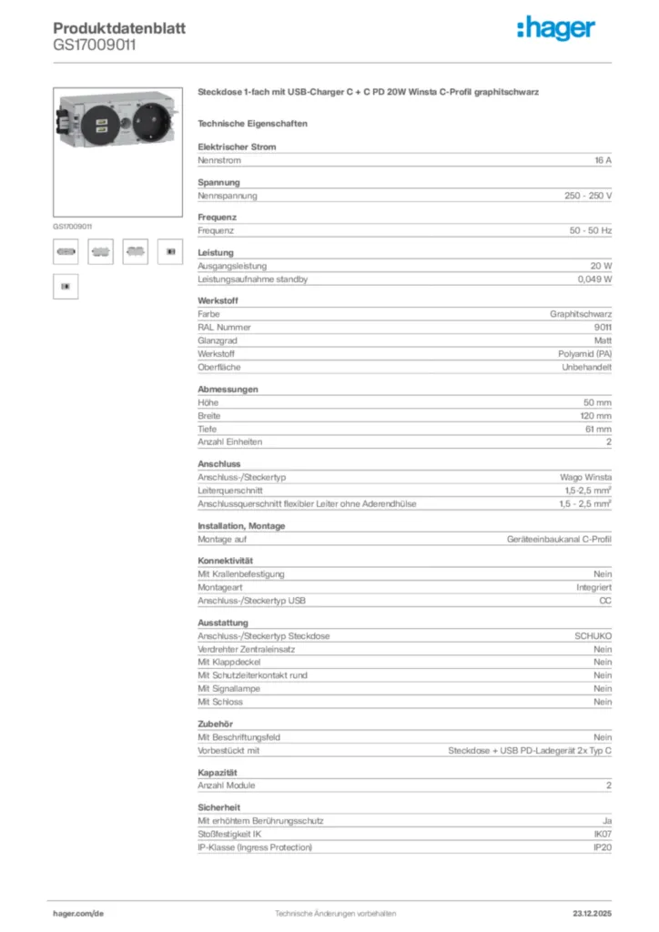 Bild Hager Produktdatenblatt GS17009011 | Hager Deutschland