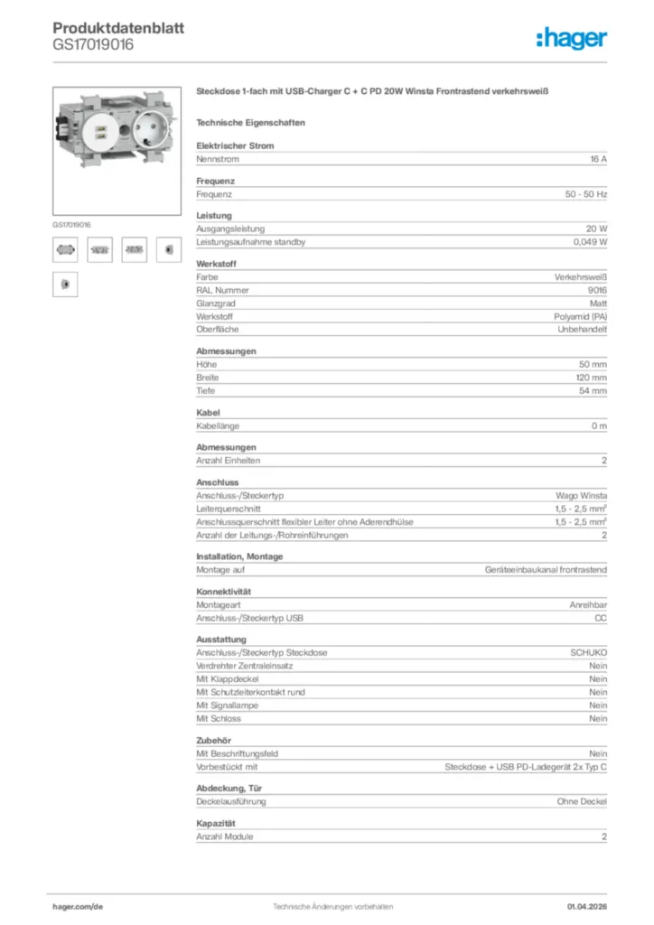 Bild Hager Produktdatenblatt GS17019016 | Hager Deutschland