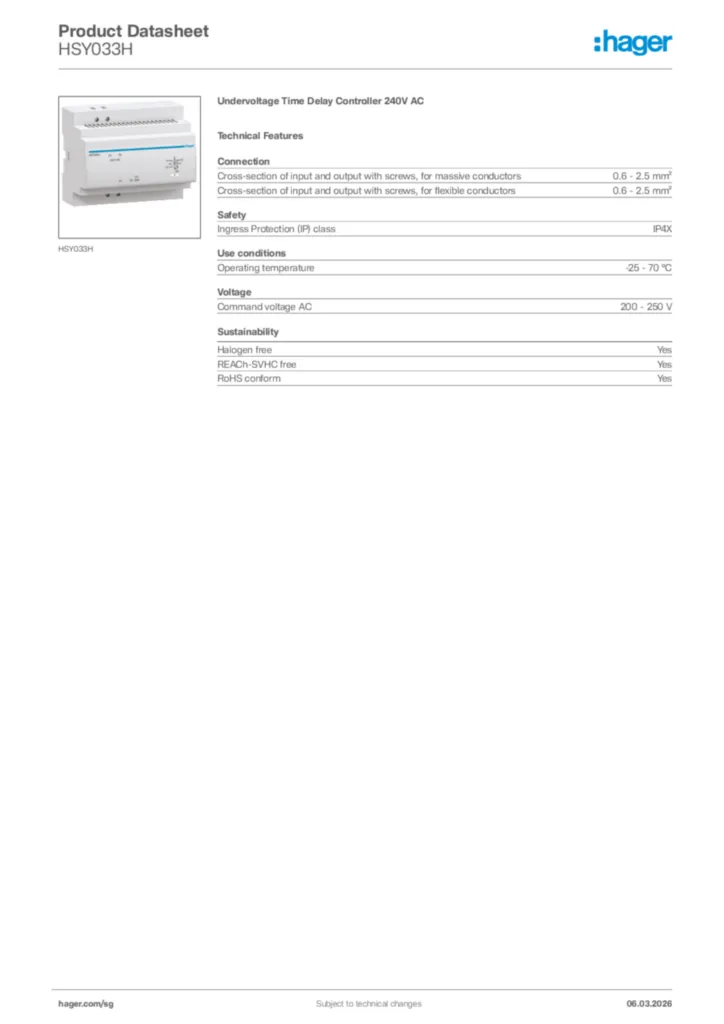 Image Hager Product data sheet HSY033H  | Hager
