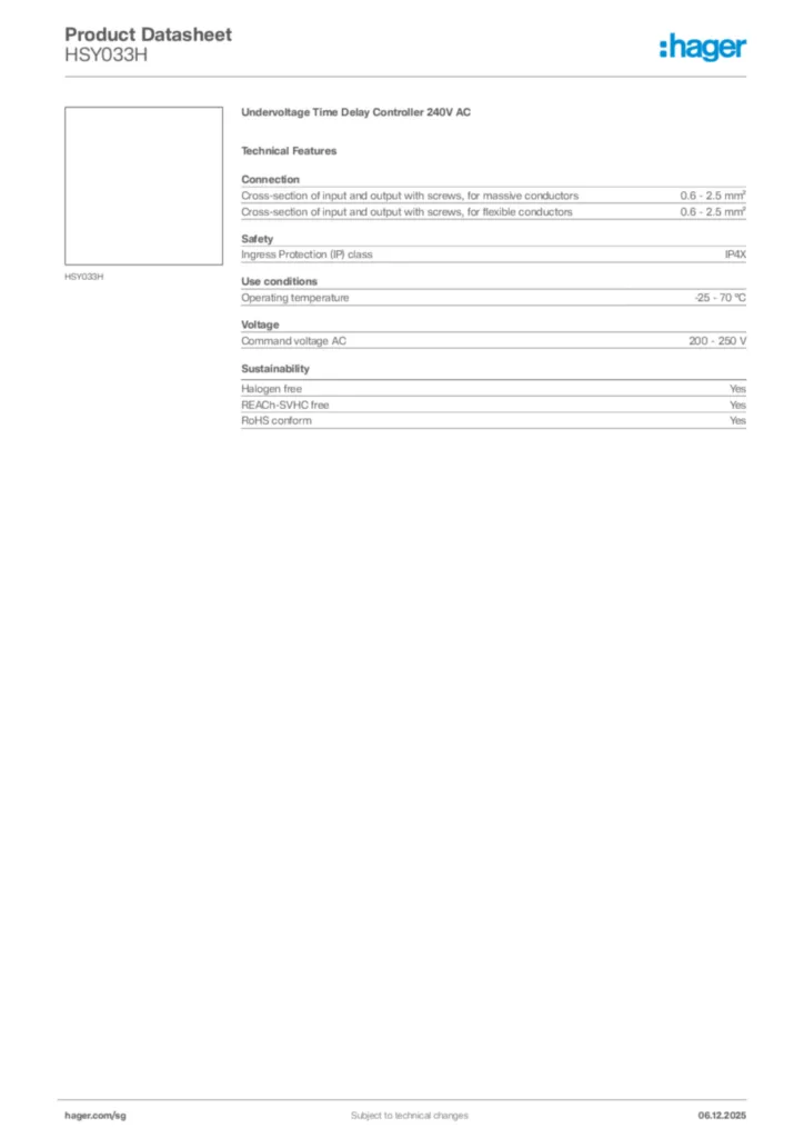 Image Hager Product data sheet HSY033H  | Hager