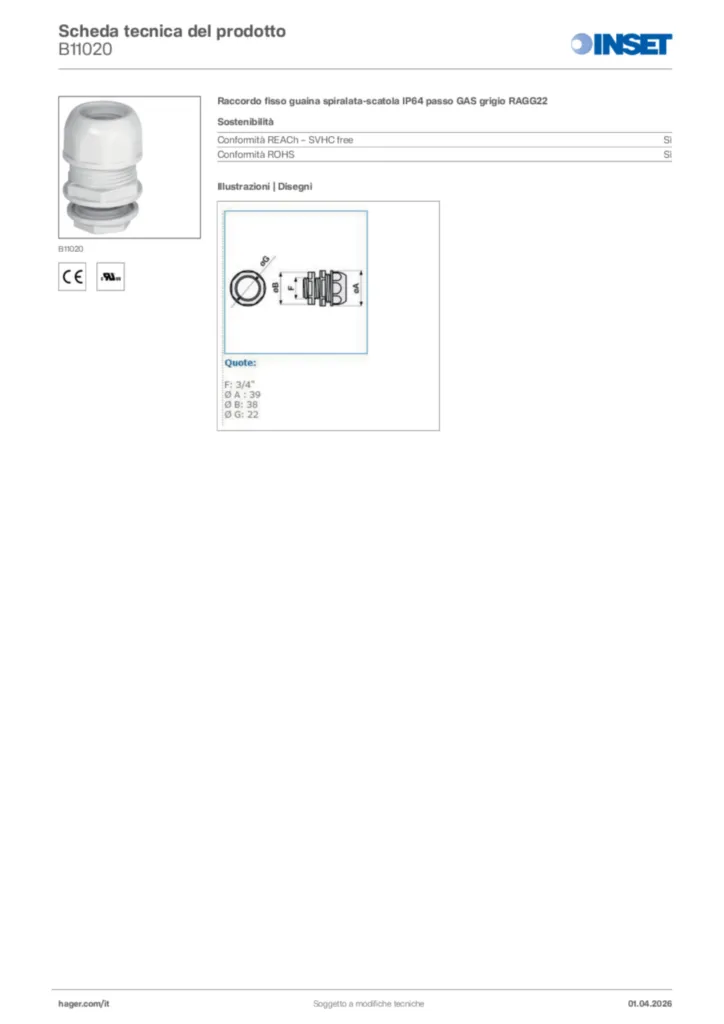 Immagine Inset Scheda tecnica del prodotto B11020 | Hager Italia