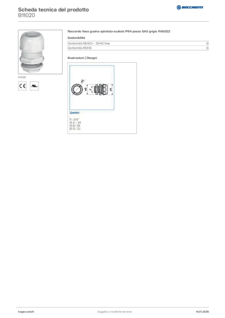 Immagine Bocchiotti Scheda tecnica del prodotto B11020 | Hager Italia