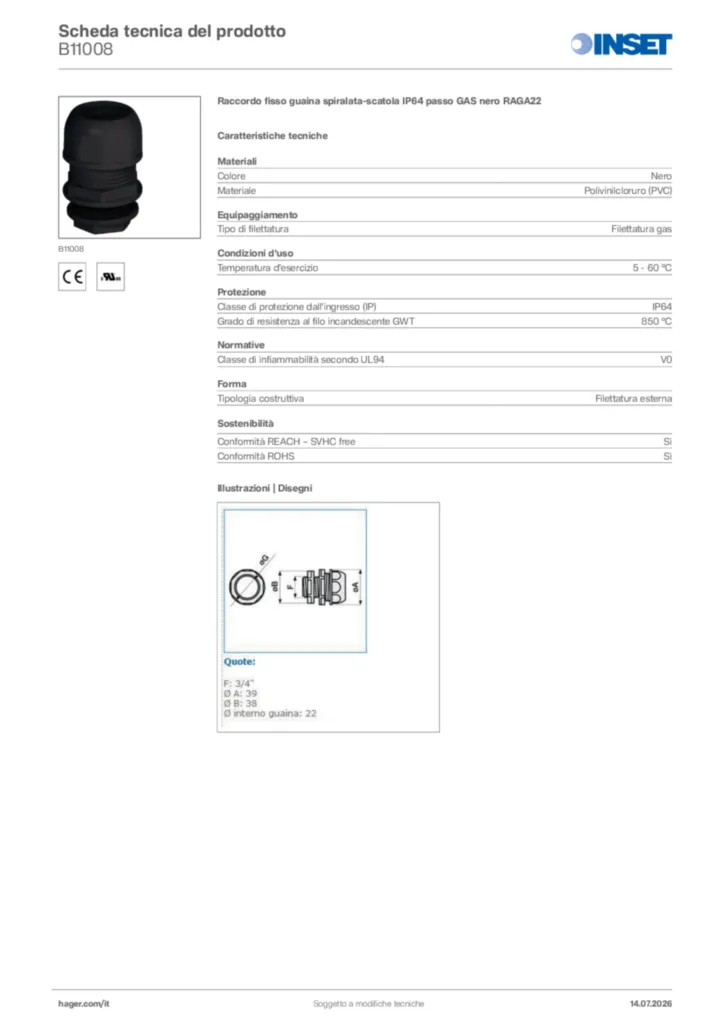 Immagine Inset Scheda tecnica del prodotto B11008 | Hager Italia