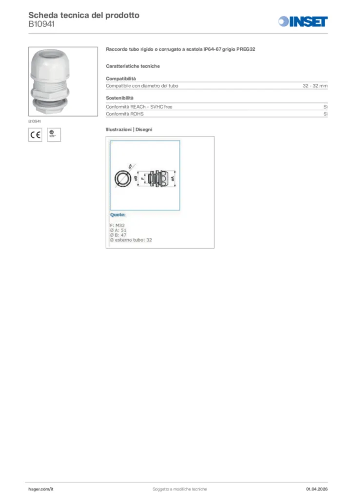 Immagine Inset Scheda tecnica del prodotto B10941 | Hager Italia
