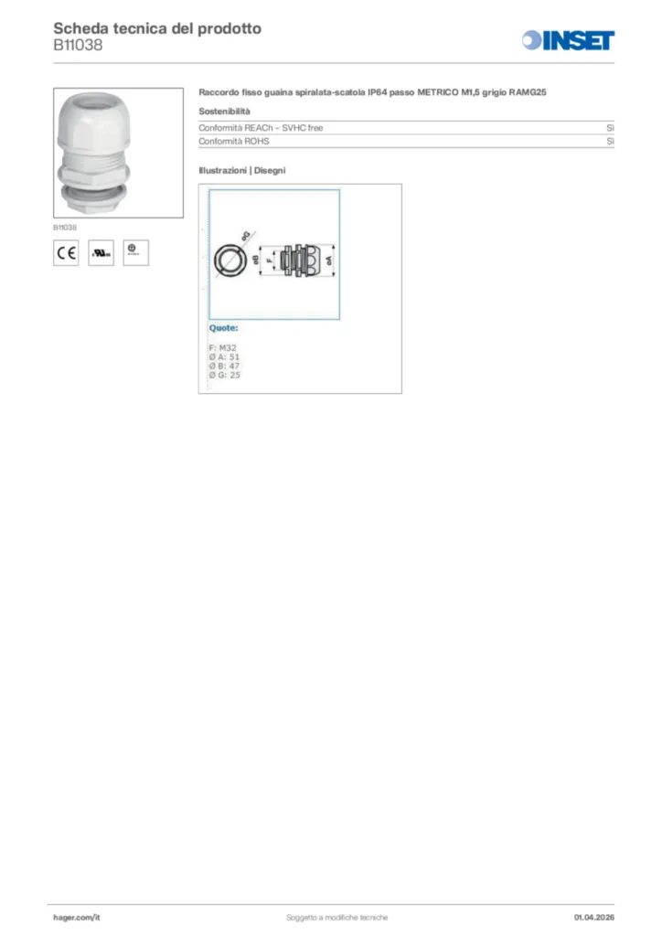 Immagine Inset Scheda tecnica del prodotto B11038 | Hager Italia