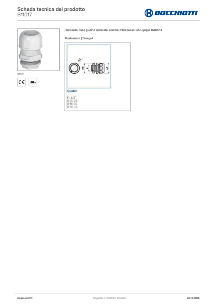 Immagine Bocchiotti Scheda tecnica del prodotto B11017 | Hager Italia