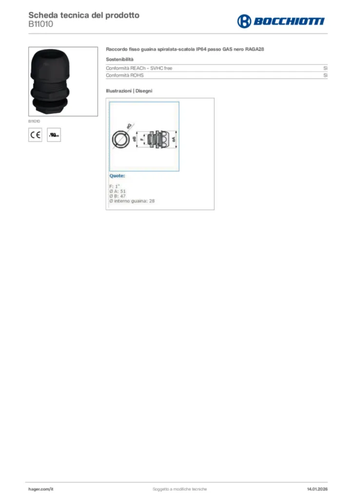 Immagine Bocchiotti Scheda tecnica del prodotto B11010 | Hager Italia