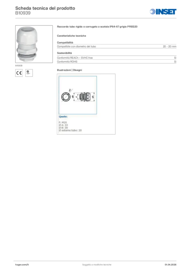 Immagine Inset Scheda tecnica del prodotto B10939 | Hager Italia