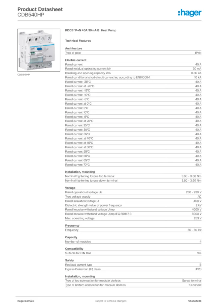Image Hager Product data sheet CDB540HP  | Hager