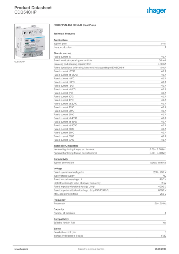 Image Hager Product data sheet CDB540HP  | Hager