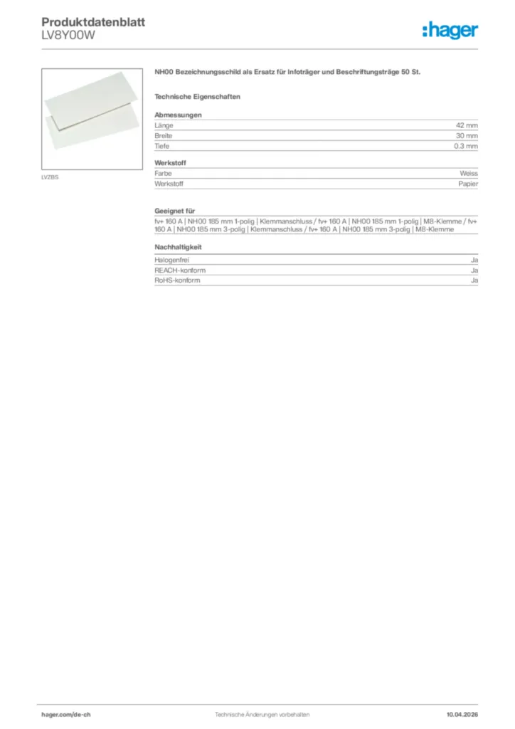 Bild Hager Produktdatenblatt LV8Y00W | Hager Schweiz
