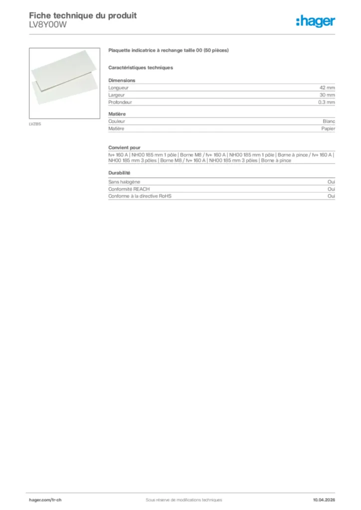 Image Hager Fiche technique du produit LV8Y00W | Hager Suisse