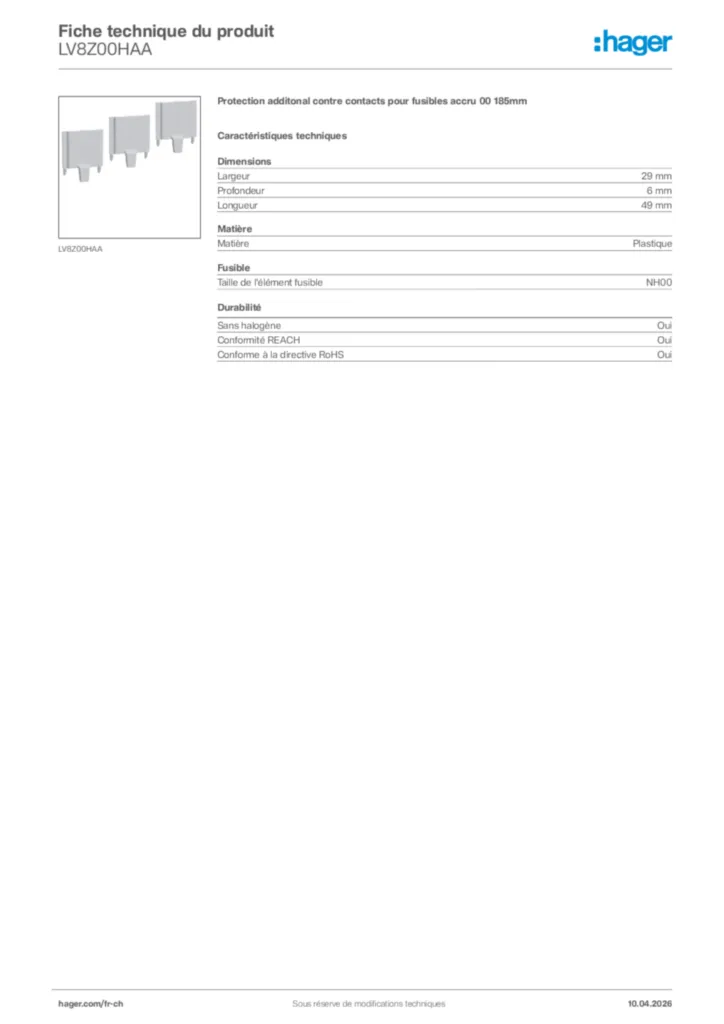 Image Hager Fiche technique du produit LV8Z00HAA | Hager Suisse