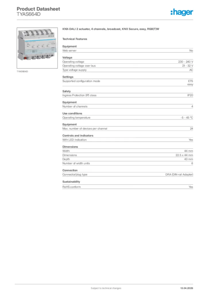 Image Hager Product data sheet TYAS664D  | Hager Africa