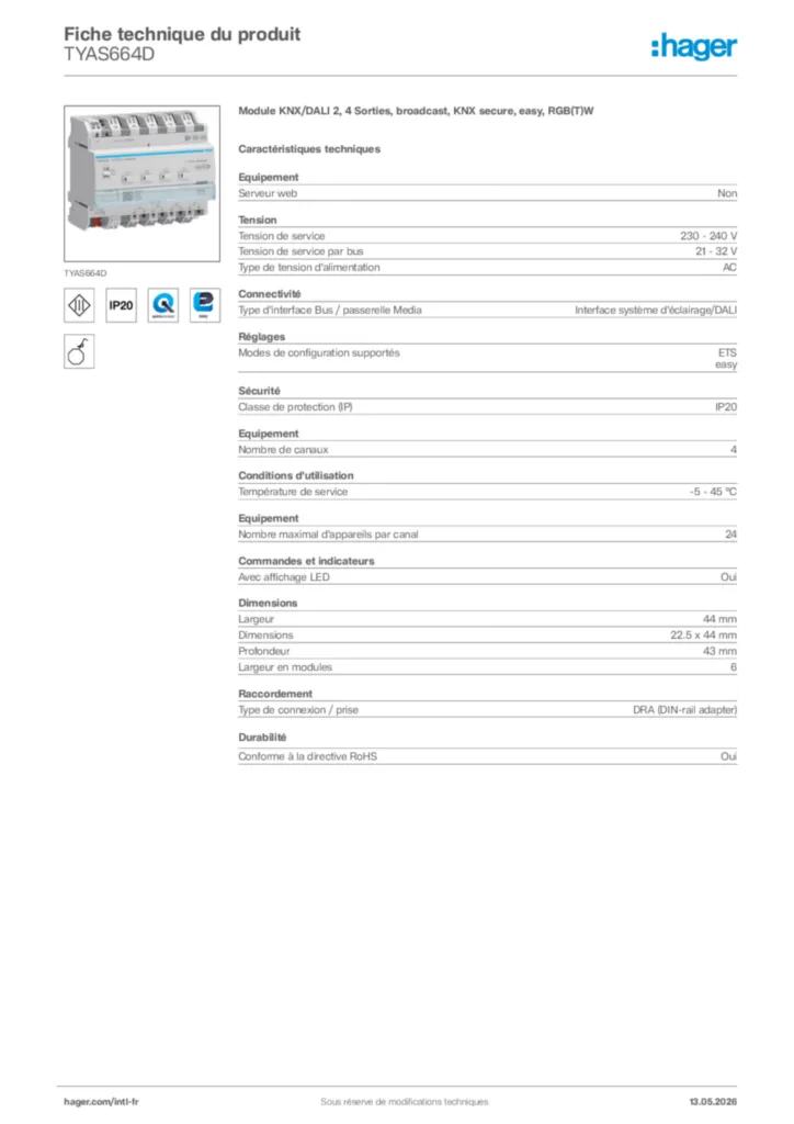 Image Hager Fiche technique du produit TYAS664D | Hager Afrique