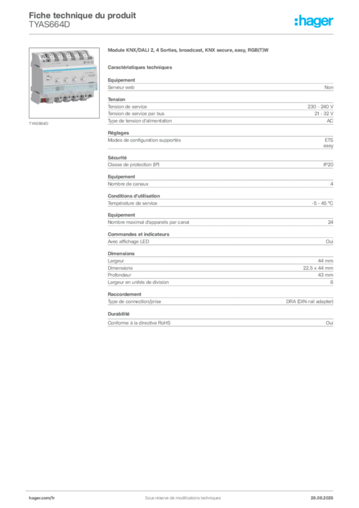 Image Hager Fiche technique du produit TYAS664D | Hager France