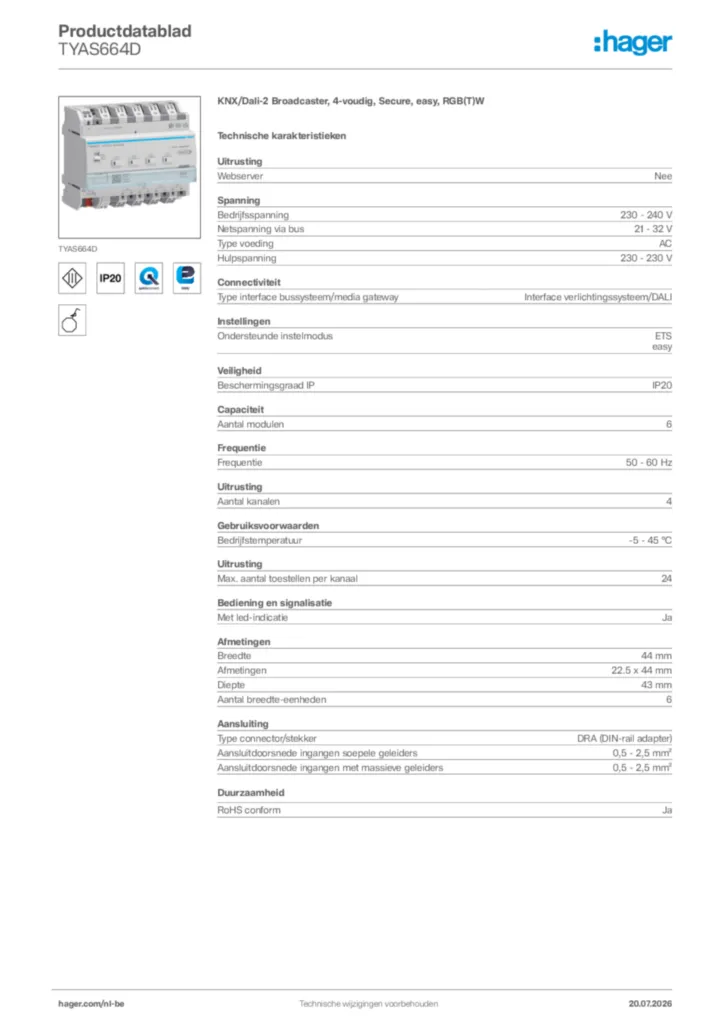Afbeelding Hager Productdatablad TYAS664D | Hager Belgium