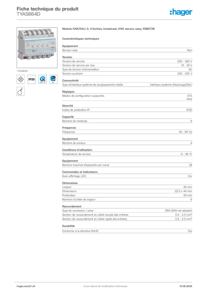 Image Hager Fiche technique du produit TYAS664D | Hager Suisse