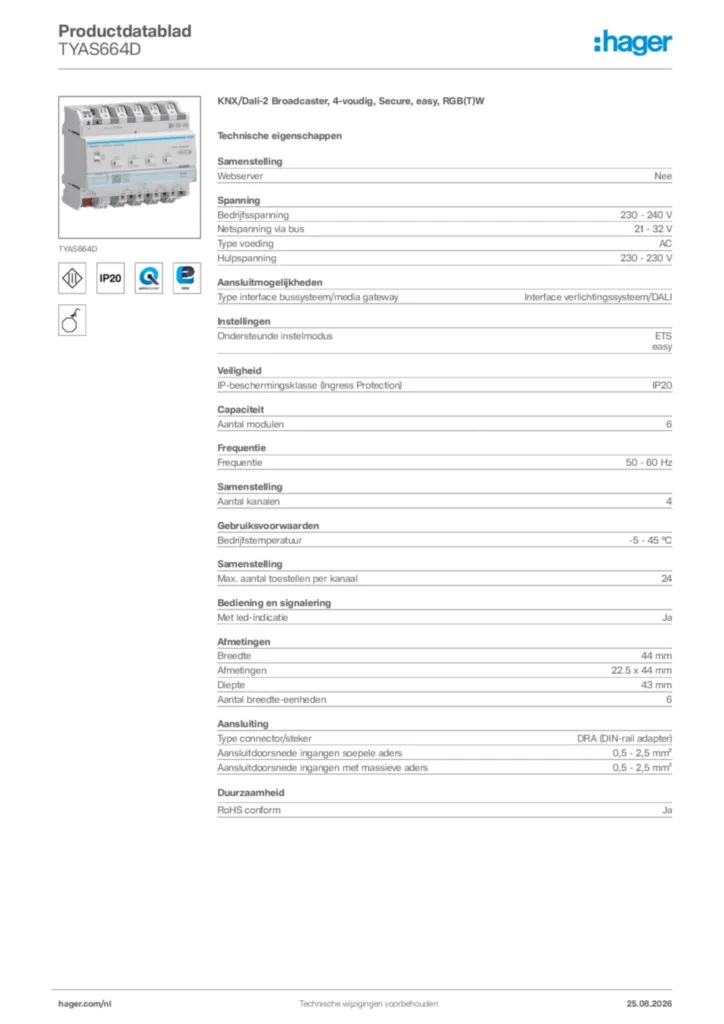 Afbeelding Hager Productdatablad TYAS664D | Hager Nederland